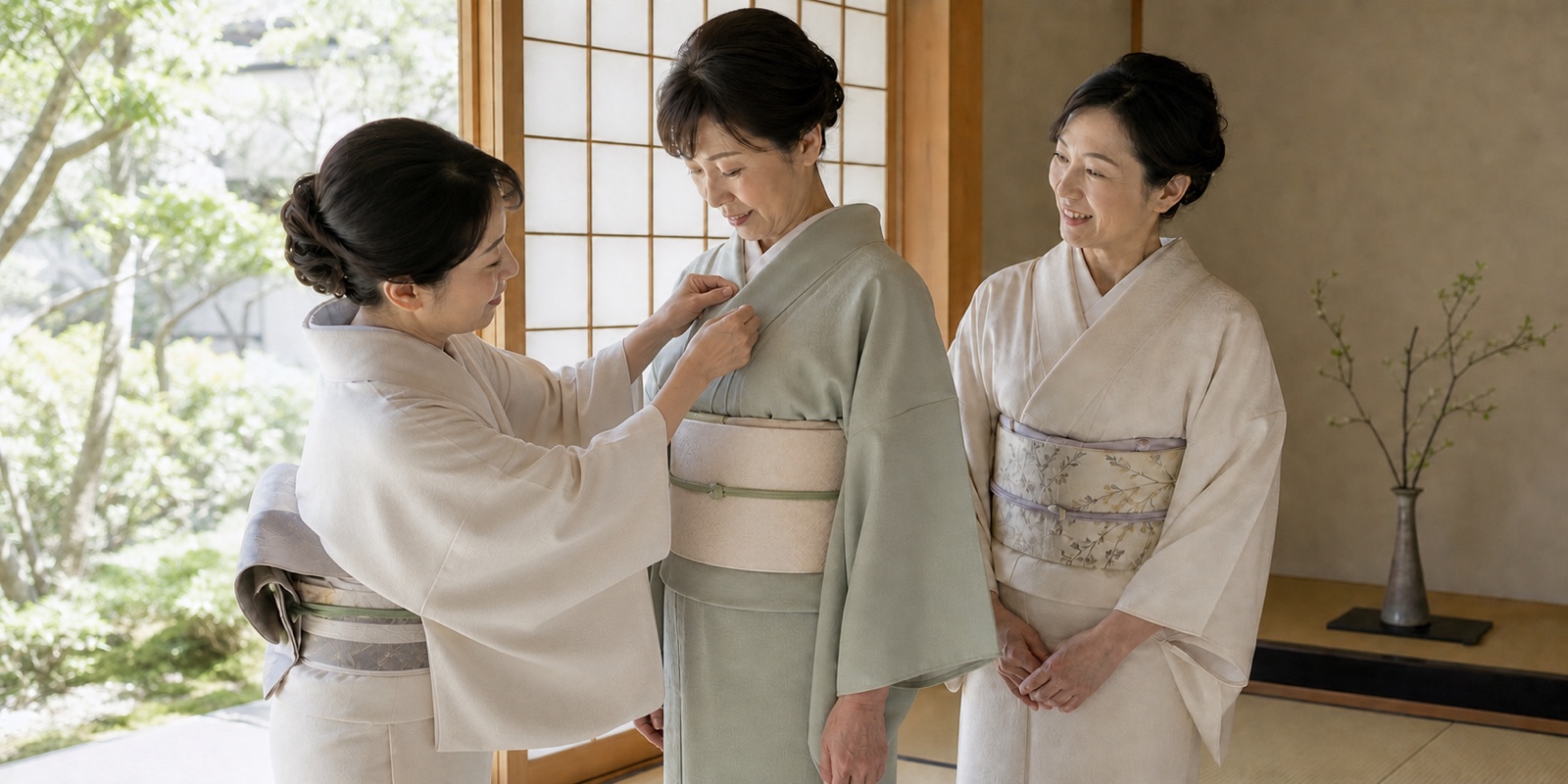 講師が受講生の衿元を整え、仲間と学ぶグループレッスン
