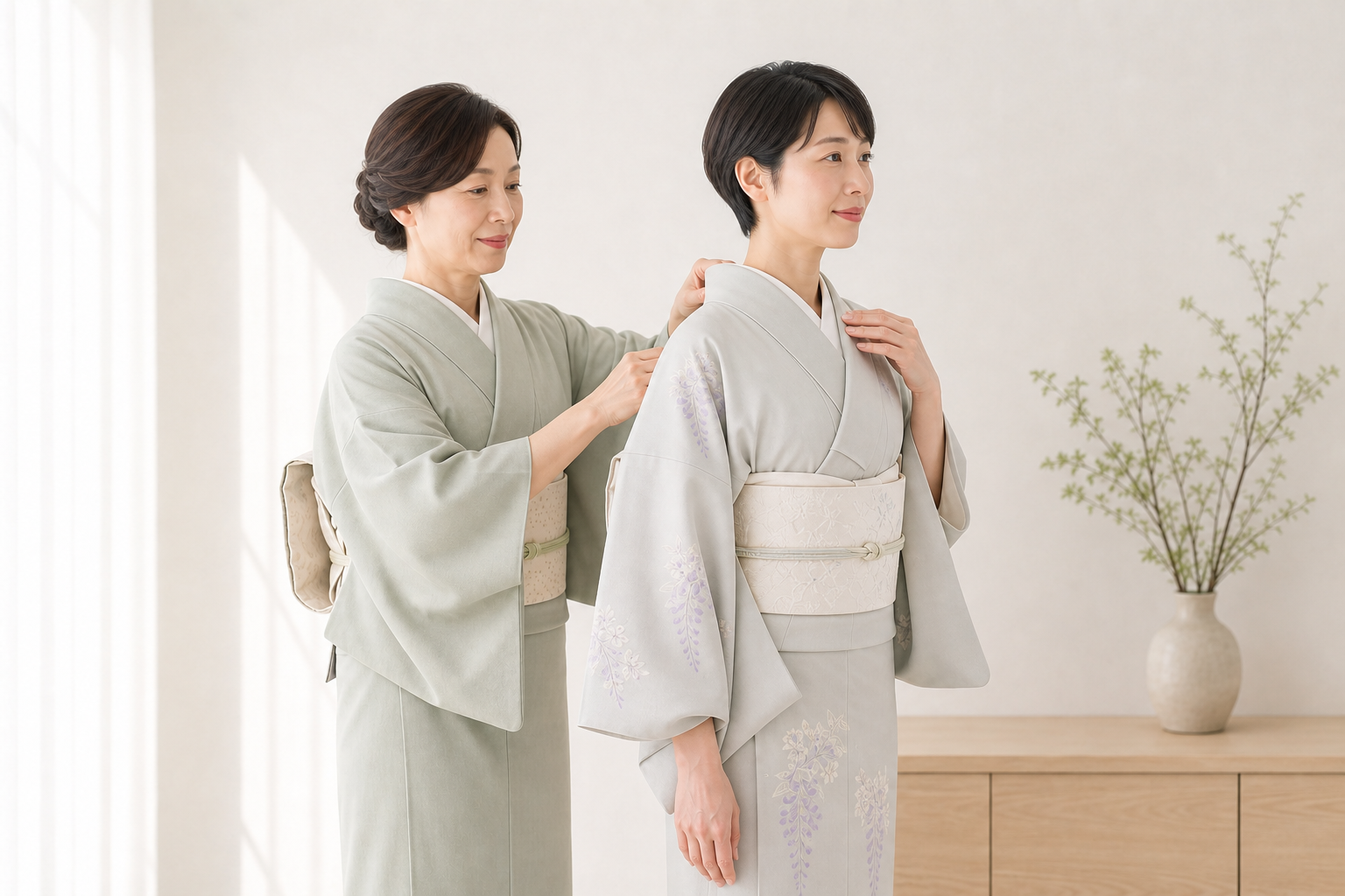 講師が受講生の背中側の衿元を整える研究科の学び